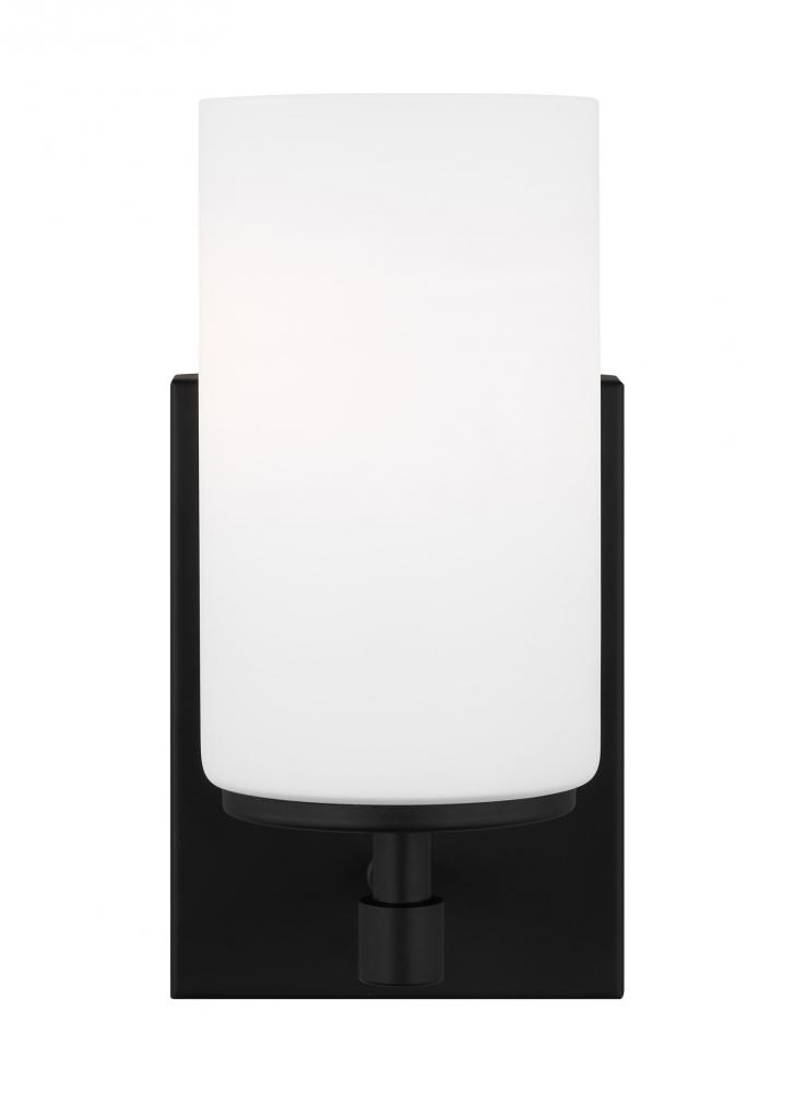 Alturas indoor dimmable 1-light wall bath sconce in a midnight black finish and etched white glass s