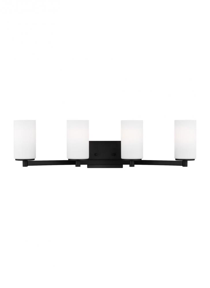 Hettinger traditional indoor dimmable 4-light wall bath sconce in a midnight black finish with etche
