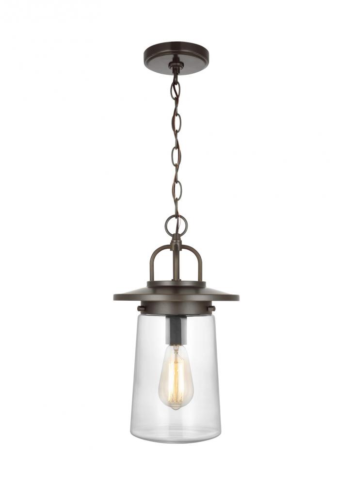 Tybee casual 1-light LED outdoor exterior ceiling hanging pendant in antique bronze finish with clea