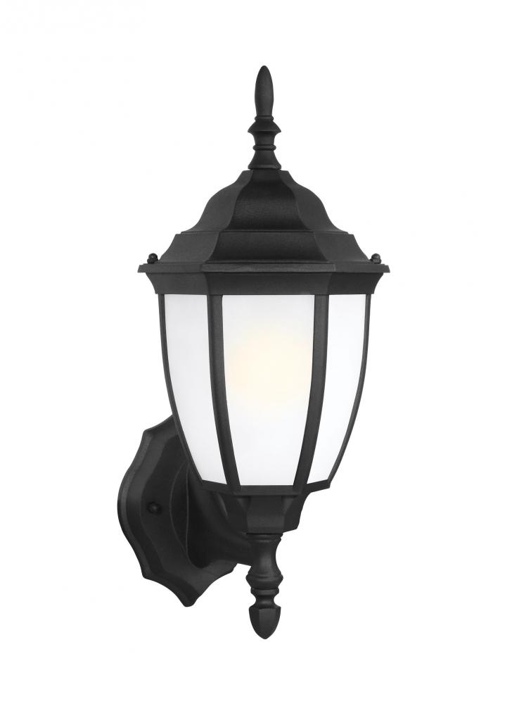 Bakersville traditional 1-light outdoor exterior round wall lantern sconce in black finish with sati