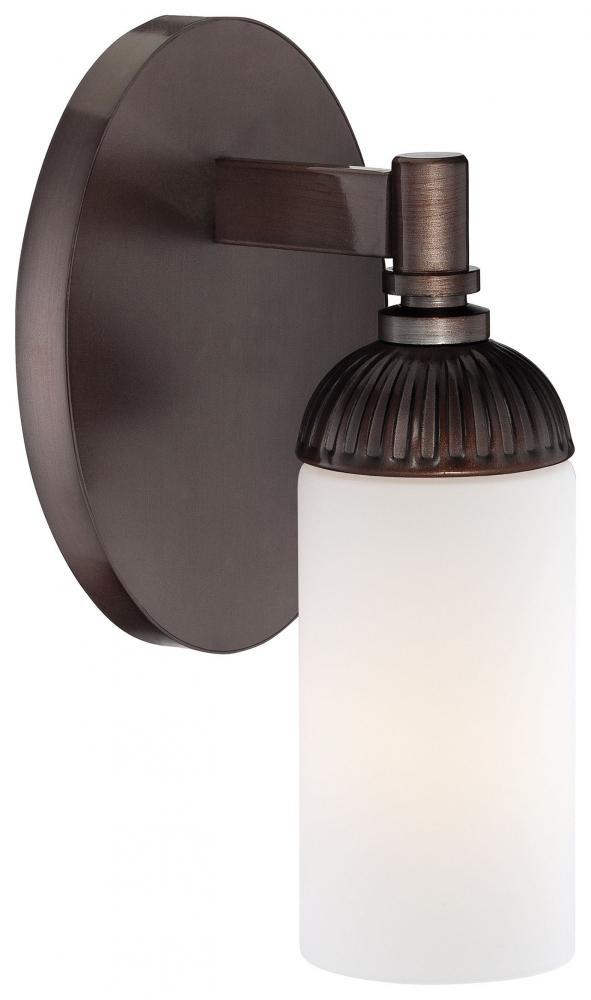 One Light Etched White Glass Industrial Bronze Bathroom Sconce