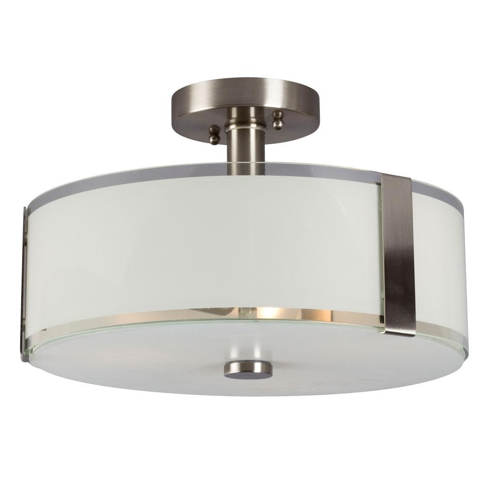 3-Light Semi Flush Mount - Brushed Nickel with White Opal/Clear Glass