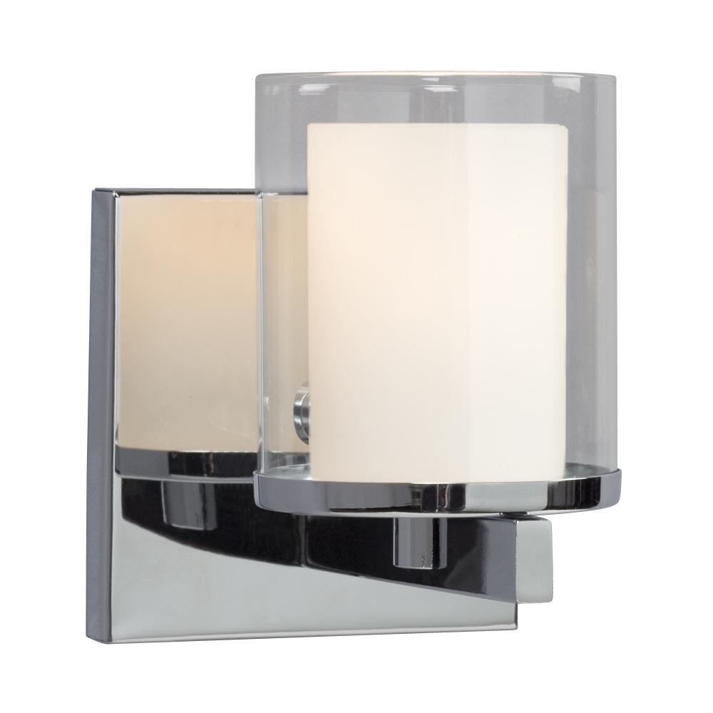 1-Light Vanity in Polished Chrome with Satin White Inner Glass & Clear Outer Glass