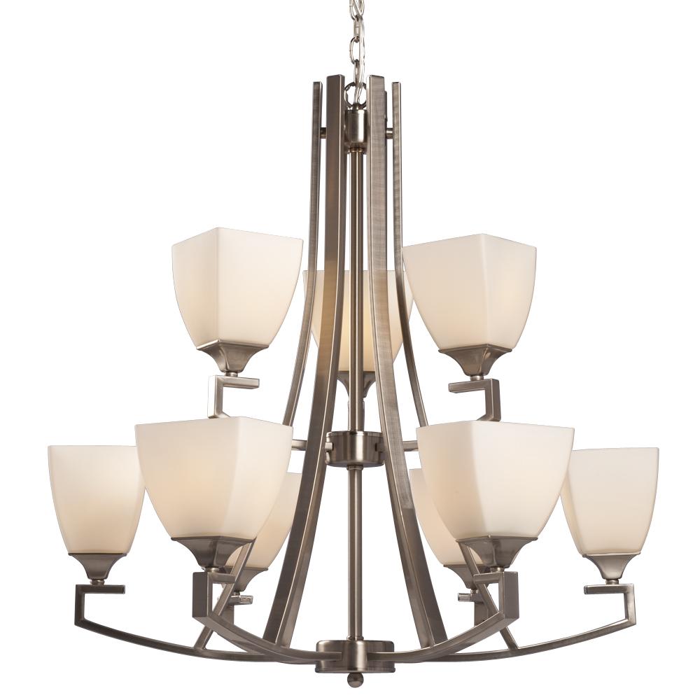9-Light 2-Tier Chandelier - Brushed Nickel with White Glass