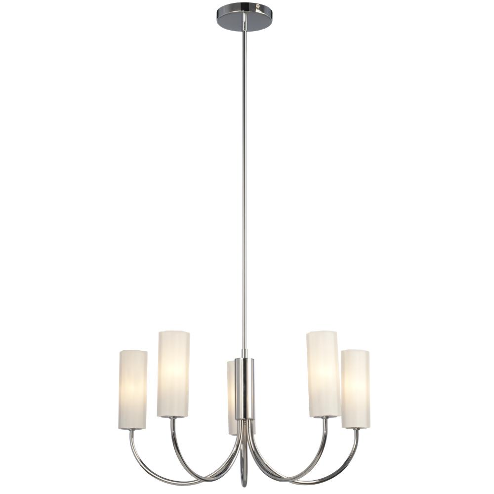Five Light Chandelier w/6", 12", 18" Extension Rods - Chrome with White Glass