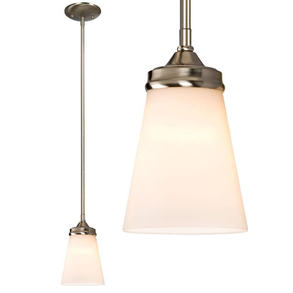 Mini Pendant - in Brushed Nickel finish with White Glass, includes 6", 12" & 18" Extensi