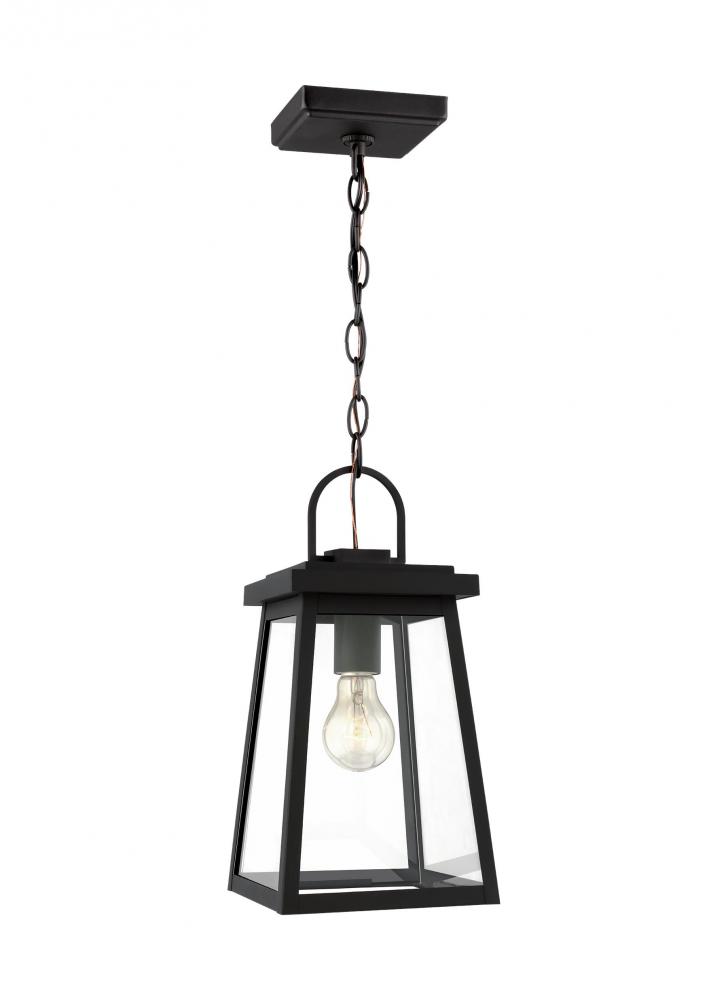 Founders modern 1-light LED outdoor exterior ceiling hanging pendant in black finish with clear glas